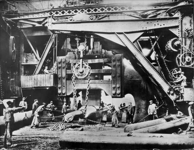 View inside the Krupp Metal Works, known for its steel manufacturing and armament production, in Essen, Germany, 1861.