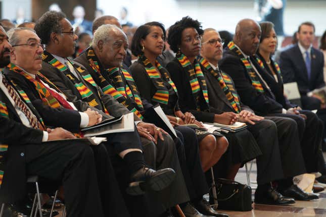 Members of the Congressional Black Caucus listen during an event at the Emancipation Hall of the U.S. Capitol September 10, 2019 in Washington, DC. 