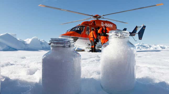 Scientists from the Alfred Wegener Institute collect snow samples.
