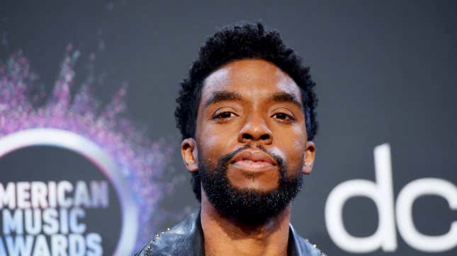 Chadwick Boseman poses in the press room during the 2019 American Music Awards on November 24, 2019.