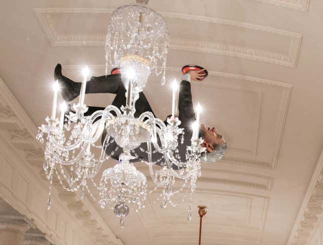 Image for article titled Suction Cup-Wearing Robert Mueller Forced To Cower Behind White House Chandelier After Trump Returns Home Earlier Than Planned
