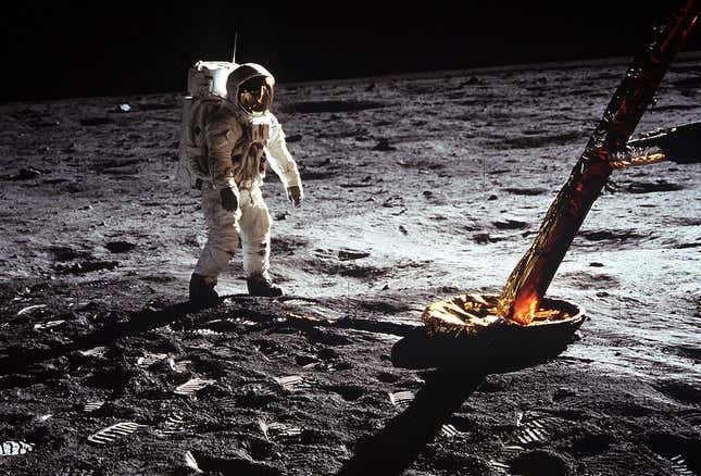 Apollo 11 astronaut Buzz Aldrin standing next to a leg of the Eagle lunar module. Thankfully, no one sank through the soft lunar regolith.