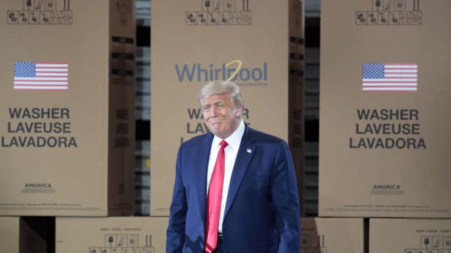 President Donald Trump in front of washing machines at Whirlpool facility in Clyde, Ohio.