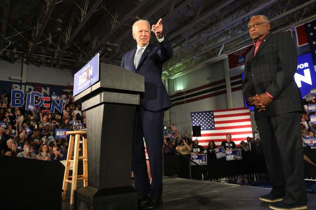 Democratic presidential candidate former Vice President Joe Biden, with Rep. Jim Clyburn (D-SC) (R), speaks on stage after declaring victory in the South Carolina presidential primary on February 29, 2020 in Columbia, South Carolina. South Carolina is the first-in-the-south primary and the fourth state in the presidential nominating process.
