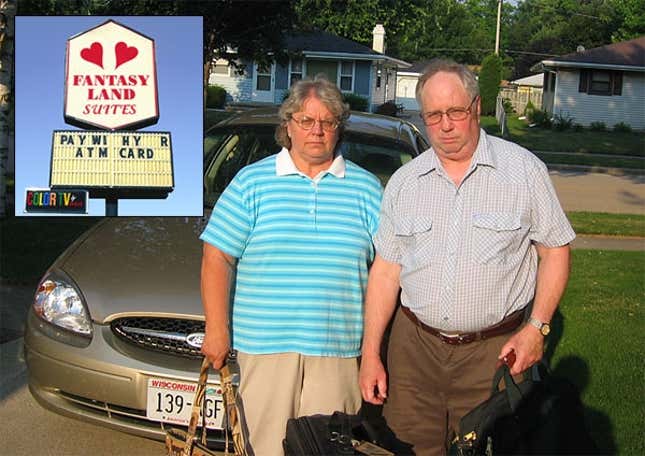 Edna and Duane Schumacher prepare to leave home for their agonizing weekend at FantasyLand (inset).