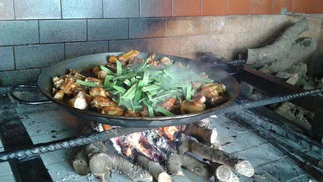 An open cooking fire upon which paella is prepared in Valencia, Spain