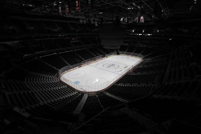 The ice and spectator seating is empty prior to the Detroit Red Wings playing against the Washington Capitals at Capital One Arena on March 12, 2020 in Washington, DC. 
