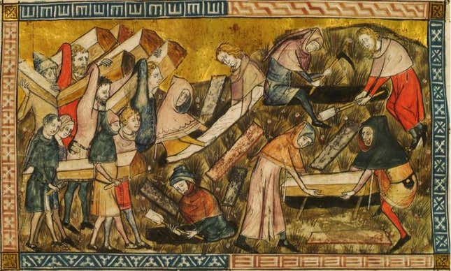 A 14th-century illustration of townsfolk burying plague victims.