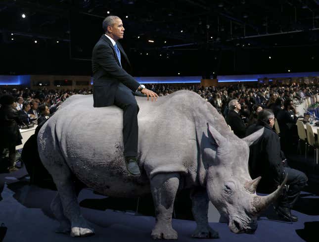 Image for article titled Obama Increases Sense Of Urgency By Riding Last White Rhino On Earth Through Climate Talk