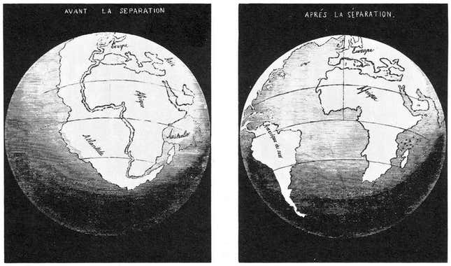 Maps made by Snider-Pellegrini in 1858 showing his idea of how the American and African continents may once have fitted together. https://en.wikipedia.org/wiki/Antonio_Snider-Pellegrini#/media/File:Antonio_Snider-Pellegrini_Opening_of_the_Atlantic.jpg
