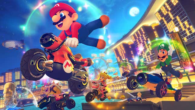 Mario catches some air in Mario Kart 8 Deluxe for the Nintendo Switch, as a part of the new DLC waves that have been dropping through 2022 and 2023.
