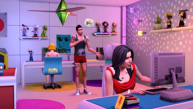 A screenshot from The Sims shows off the characters in a colorful room.