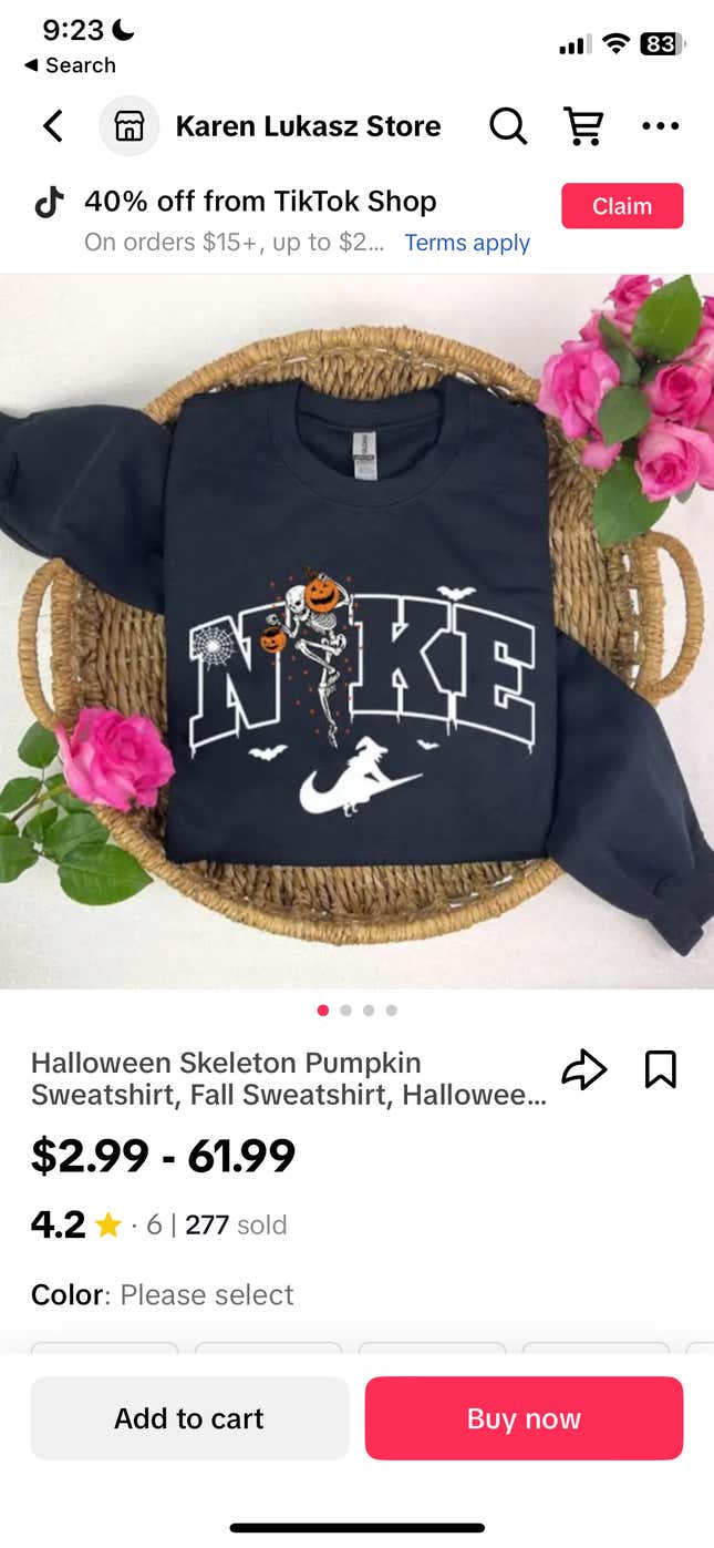 A screenshot of the TikTok shop showing a knockoff Nike sweatshirt retailing between $2.99 and $61.99