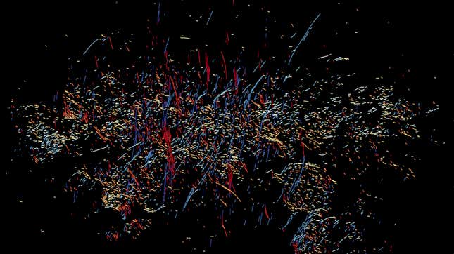 A MeerKAT image of the filaments in the galactic center, with colors corresponding to their position angles.