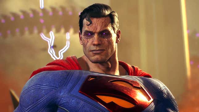 A screenshot shows an evil Superman with purple eyes and a menacing face. 