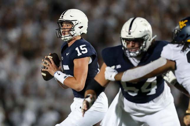 Sep 2, 2023; University Park, Pennsylvania, USA; Penn State Nittany Lions quarterback Drew Allar (15) drops back to throw against the West Virginia Mountaineers during the second quarter at Beaver Stadium.
