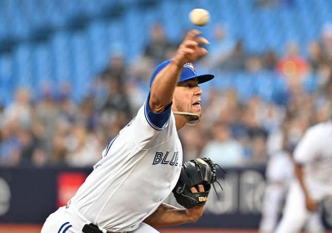 Apr 14, 2023; Toronto, Ontario, CAN;    Toronto Blue Jays starting pitcher Jose Berrios (17) delivers a pitch against the Tampa Bay Rays in the first inning at Rogers Centre.