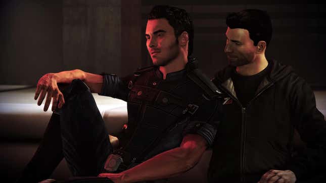 Mass Effect characters Kaidan Alenko and Commander Shepard share a hug in Mass Effect 3's Citadel DLC.