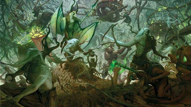 An army of Sylvaneth forest spirits attacks the rat-like Skaven in a piece of Warhammer: Age of Sigmar art.