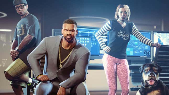 Franklin, Lamar, Chop and a new hacker character hanging out together in front of some computers.