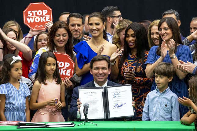 Florida Gov. Ron DeSantis reacts after publicly signing HB7, “individual freedom,” also dubbed the “stop woke” bill, during a news conference at Mater Academy Charter Middle/High School in Hialeah Gardens, Fla., on Friday, April 22, 2022.

