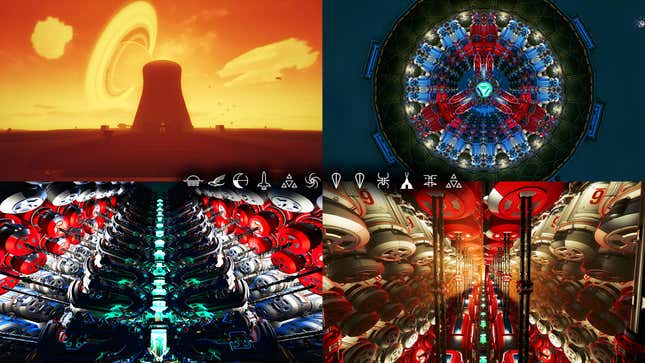 Screenshots show the exterior and interior of a Fallout Farm on an irradiated planet.
