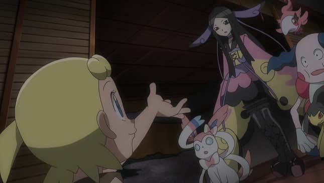 Bonnie is seen talking to Valerie, who stands alongside Sylveon, Mr. Mime, and Spritzee.