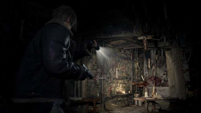 Leon points a flashlight at a bloody shack.