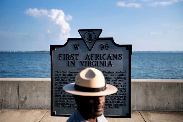 Superintendent of Fort Monroe National Monument, Terry E. Brown, poses near a historical marker at the fort, August 19, 2019, in Hampton, Virginia.