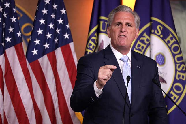 WASHINGTON, DC - JUNE 25: U.S. House Minority Leader Rep. Kevin McCarthy (R-CA) speaks during his weekly news conference June 25, 2020 on Capitol Hill in Washington, DC. McCarthy discuss various topics including the police reform bill. 
