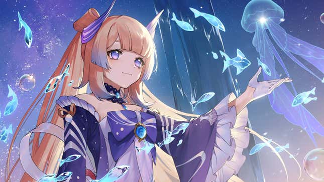Kokomi reaches out to a jellyfish.