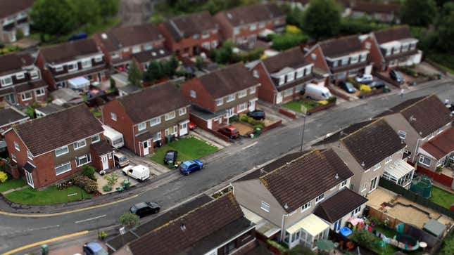 An aerial photo of a row of houses in the UK. 