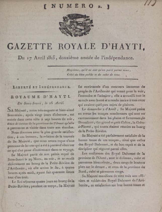 An April 1815 issue of The Gazette Royale details how the Kingdom of Hayti foiled France’s attempt to reconquer its former colony.