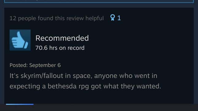 Snímek obrazovky zobrazující recenzi Starfield Steam.