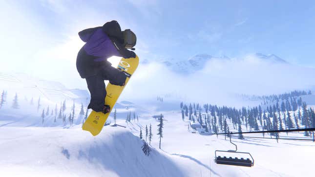 A snowboarder does a seatbelt nosegrab on a bluebird day in Shredders on Xbox Game Pass.