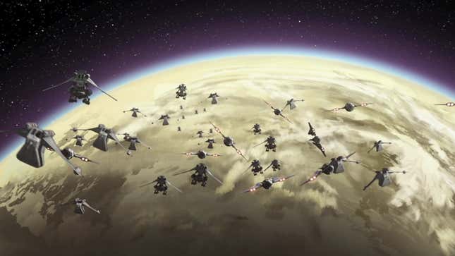 A fleet of Republic gunships approaches the planet Mandalore from space.