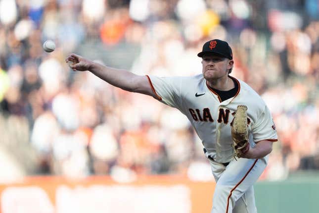 Jul 3, 2023; San Francisco, California, USA;  San Francisco Giants starting pitcher Logan Webb (62) pitches during the first inning against the Seattle Mariners at Oracle Park.