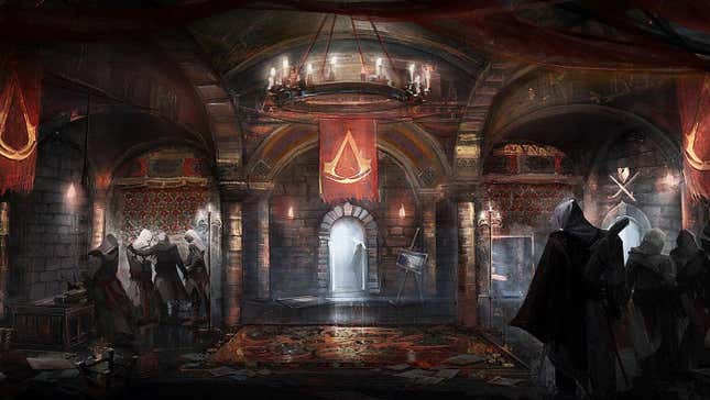 Hooded assassins wait in Ezio's hideout.