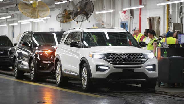 Ford Explorers are manufactured on an assembly line at a Ford plant.
