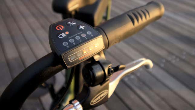 A photo of the brake and control panel on the RadRunner 2 electric bike.