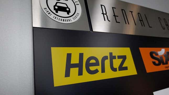  A Hertz car rental sign in the Miami International Airport on October 25, 2021 in Miami, Florida.