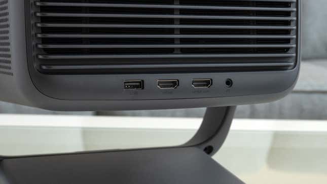 A close-up of the USB, HDMI, and headphone jack ports on the back of the JMGO N1 Ultra projector.