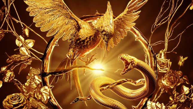 A crop of the very gold Hunger Games prequel movie poster.