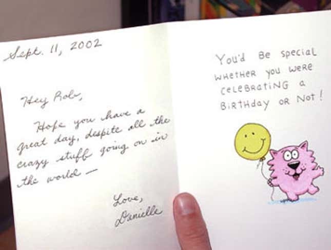 Bachman reads a birthday card from friend Danielle Cimino.