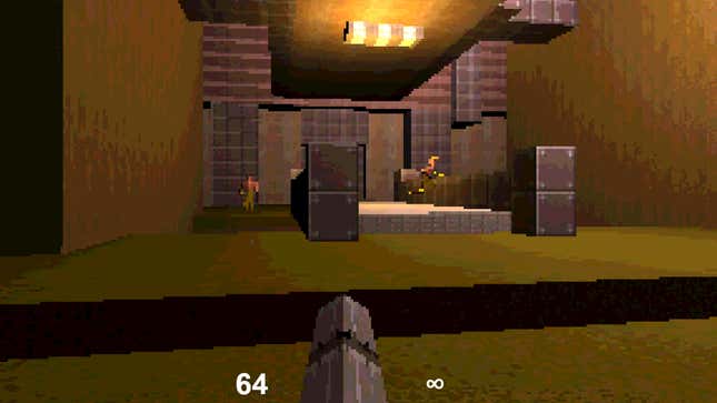 A first-person view of one of the low-res levels in the game. 