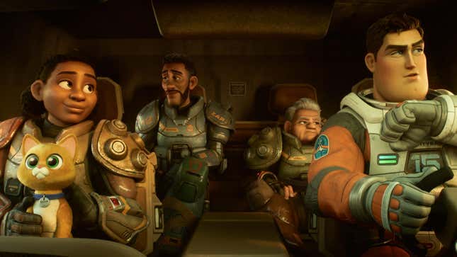 Buzz driving with three characters riding along.
