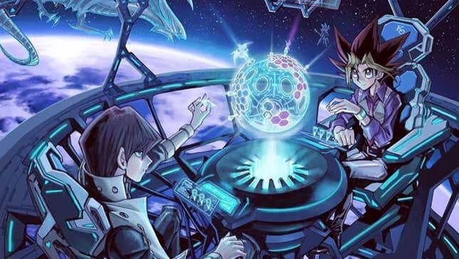 Seto Kaiba and Yugi Moto duel in a futuristic space ship floating above the earth.