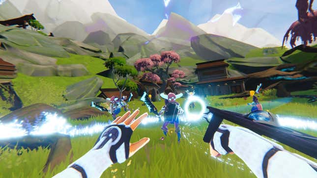 A first person screenshot of a player shooting magic at nearby purple enemies.