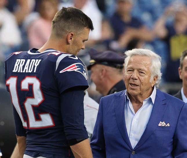 (file photo) Tom Brady talks with owner Robert Kraft before a preseason game in August 2019.