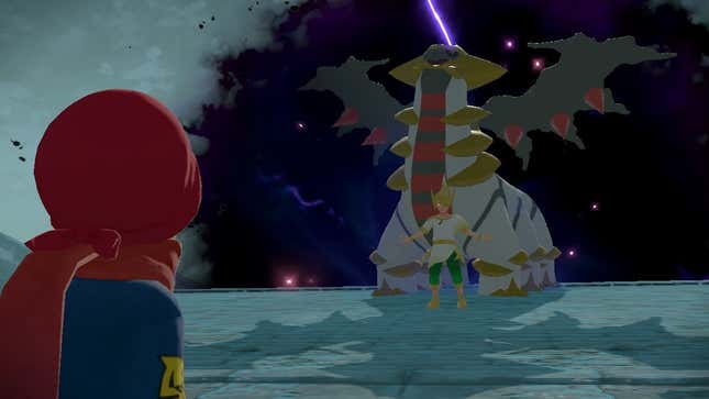 A trainer is seen facing Volo and Giratina at Spear Pillar, with a dark black void forming behind them.